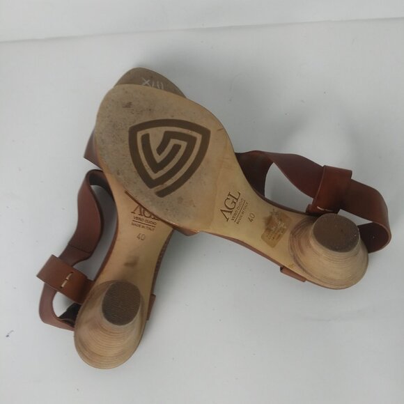 AGL T-Strap Slingback Handmade Sandals Brown Copper Patent Stacked Heel Size 40 - Picture 2 of 6